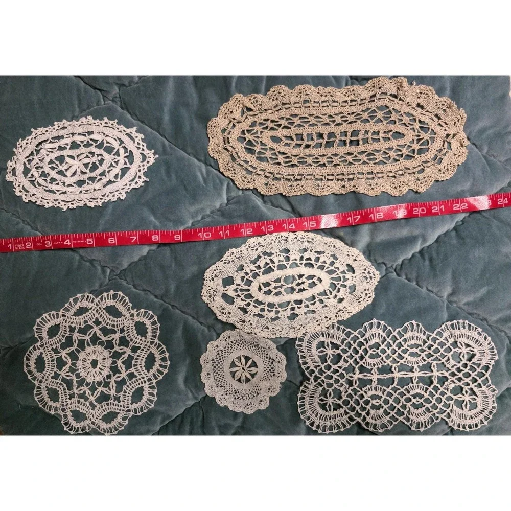 Lot 6 Vintage Handmade Crochet Lace Doilies Oval Round Ecru Cottage Farmhouse